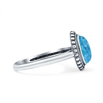 Petite Dainty Lab Opal Ring Solid Round Oxidized Lab Created Blue Opal 925 Sterling Silver